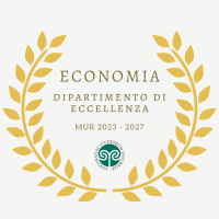 DiECO - Dipartimento di Eccellenza - MUR 2023-2027 Corona di alloro giallo-oro che abbraccia le scritte Economia Dipartimento di eccellenza - MUR 2023-2027