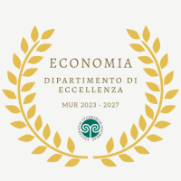 Corona di alloro giallo-oro che abbraccia le scritte Economia Dipartimento di eccellenza - MUR 2023-2027