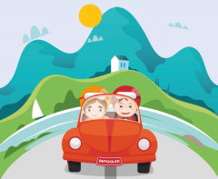 Rappresentazione cartoon di due persone in auto che percorrono una strada, sullo sfondo, lago, prati, monti e sole