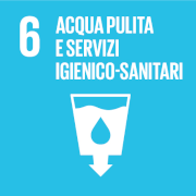 6 Acqua pulita e servizi igienico-sanitari, scritta bianca su sfondo azzurro, bicchiere pieno d'acqua stilizzato