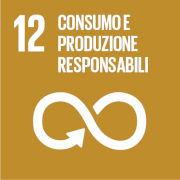 12 Consumo e produzione responsabili, scritta bianca su sfondo marroncino, simbolo dell'infinito