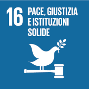 16 Pace, giustizia e istituzioni solide - scritta bianca con sfondo blu, martello e colomba stilizzati