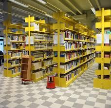 L'immagine mostra gli scaffali di una biblioteca